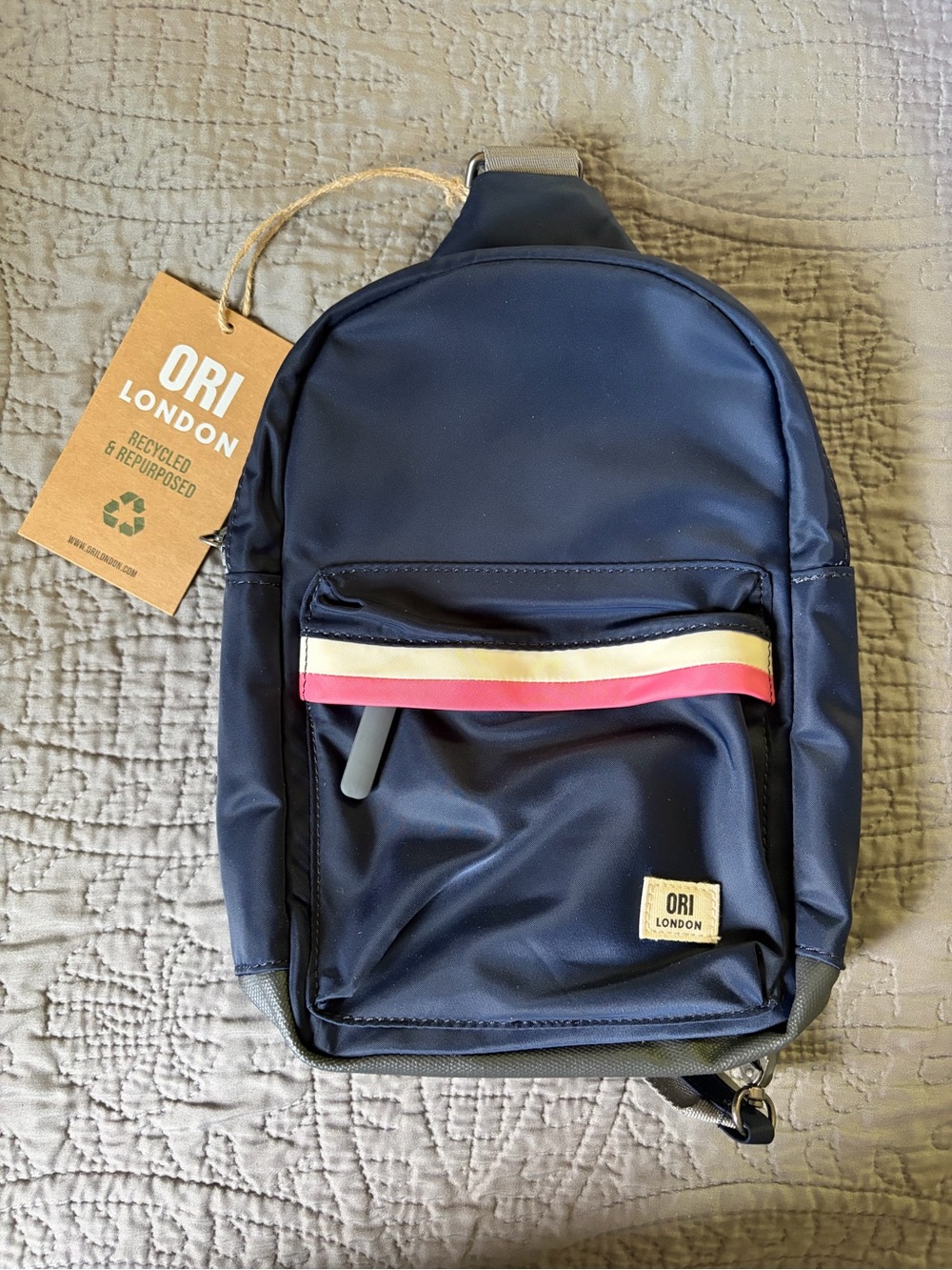 Orion London Navy Backpack with Cream and Pink Stripe